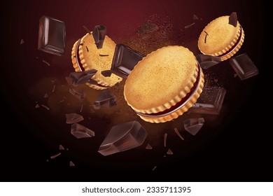 Chocolate biscuits splashing in the middle with chocolate powder isolated on solid color background, Vector realistic in 3d illustration.