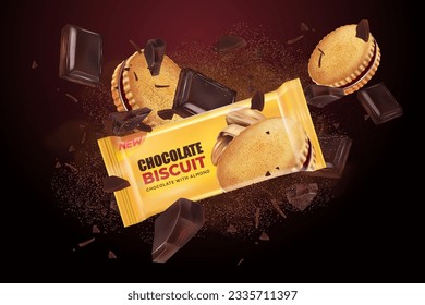 Chocolate biscuits splashing in the middle with chocolate powder isolated on solid color background, Vector realistic in 3d illustration.