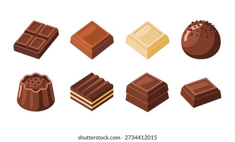 Chocolate bites assortment, layered fudge, filled pralines, square blocks, sweet candy set, dessert icons, cafe menu, holiday gifting, party favors