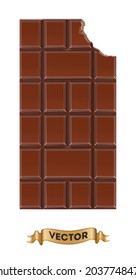 Chocolate bitten bar on white background, realistic vector illustration close-up