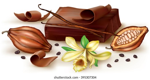 Chocolate Block And Curl With Vanilla Flower And Cocoa Fruit. Vector Illustration