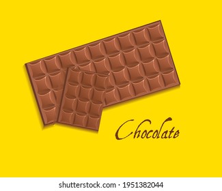 Chocolate block vector illustration on yellow background for food or chocolate content icon or logo.