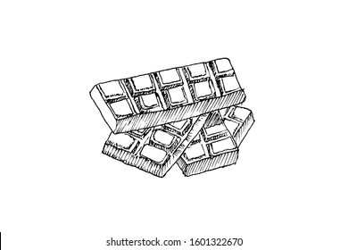 Chocolate Blocks In Drawing Sketch. Hand Drawn Design Vector Illustration.