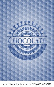 Chocolate blue emblem with geometric pattern background.