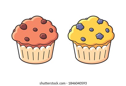 Chocolate and blueberry muffin isolated cartoon vector