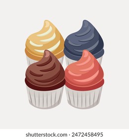 Chocolate, blueberry, strawberry and orange flavored cupcake. Bakery concept, sweets. Vector illustration