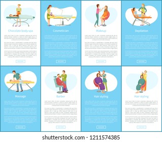 Chocolate body spa and cosmetician set of posters. Was depilation and massage, barber with man, hair styling makeup of visagiste. Text sample vector