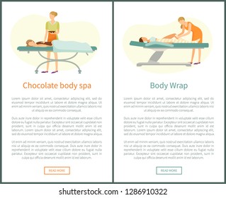 Chocolate body spa and legs wrap done by experienced cosmetician in spa salon vector web online posters. Procedure of wrapping to get rid of cellulite