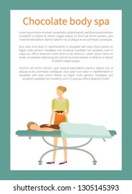Chocolate body spa poster with text sample. Girl covered by lotion on back lying on table, cosmetician makes procedure by wrapping body in choco vector