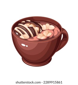 Chocolate bomb and marshmallows in mug vector illustration. Cartoon isolated brown bowl with cocoa or coffee hot drink and melting candy cake, cute sweet choco beverage for dessert on holidays