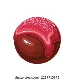 Bomba de chocolate con ilustración vectorial de helado de fresa. Caricatura aislada bola de cacao simple con polvo de azúcar y hielo rosa de la fruta que corre por la cubierta de chocolate, delicioso regalo de amor para las vacaciones