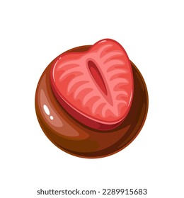 Chocolate bomb with strawberry slice vector illustration. Cartoon isolated single cocoa ball with piece of red fruit on top, cute berry decoration on sweet chocolate candy full of marshmallow