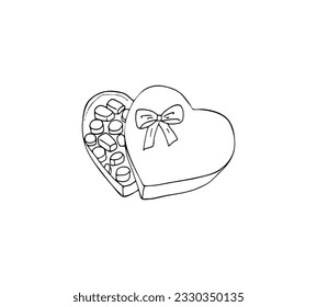 chocolate bombs in a heart-shaped box. candy box. Hand drawn vector illustration. Isolated on white