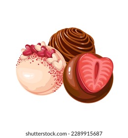 Ilustración vectorial de bombas de chocolate. Caricatura de bolas de cacao aisladas llenas de malvavisco para bebida caliente, grupo de pasteles variados con corazones dulces, torbellino de salsa dulce y decoración de fresas en la parte superior