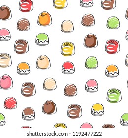 Chocolate bonbons colorful seamless pattern. Sweets texture. Sketch style