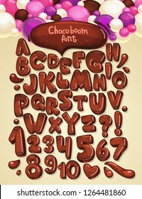 Chocolate boom vector font set. Illustration collection brown letters and numbers