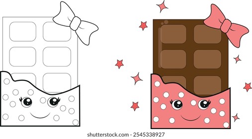 Chocolate with a bow. Chocolate smiles. Children's picture. Coloring book for children.