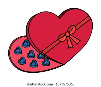 Chocolate in a box. Chocolate candies. The heart-shaped box is tied with a bow. Colored vector illustration. Isolated white background. Valentine day. Heart-shaped sweets. A romantic dessert. 