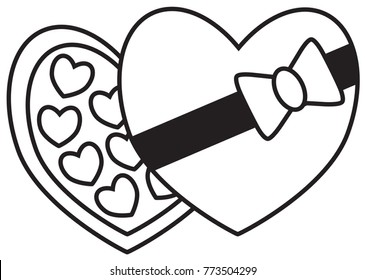 Chocolate box and chocolates, truffles or bonbons with heart shape for Valentine or Valentines Day. Concept for love, passion, valentine, Valentines day isolated on white background. 