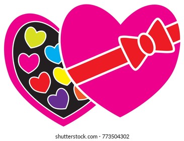 Chocolate box and chocolates, truffles or bonbons with heart shape for Valentine or Valentines Day. Concept for love, passion, valentine, Valentines day isolated on white background. 