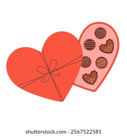 Chocolate box in heart shape. Perfect for celebration Valentine Day, love couple, romantic gift. Vector illustration in flat style