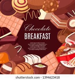 Chocolate breakfast banner vector illustration. Box in shape of heart with dark, milk and white chocolate candies, pralines of different taste. Cookies or biscuits for special holidays.