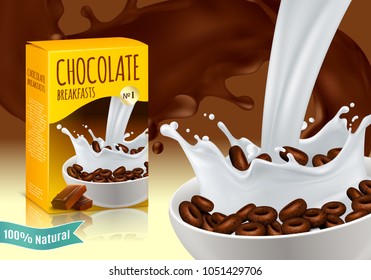 Chocolate breakfast cereals with milk in bowl realistic ad composition with carton packaging of product, vector illustration 