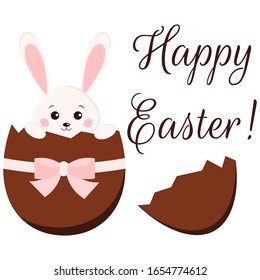 Chocolate broken Easter egg and sweet bunny rabbit inside with ribbon and bow isolated on white background. Flat design cartoon style vector illustration. Happy Easter greeting card design cute hare.