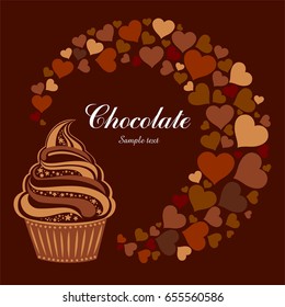 Chocolate brown background with hearts and cupcake and place for your text. vector illustration