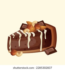 Pastel de queso marrón de chocolate con crema blanca, nueces y trozos de chocolate. Torta de maní de caricatura con sabor a cacao. Ilustración para confitería o pastelería