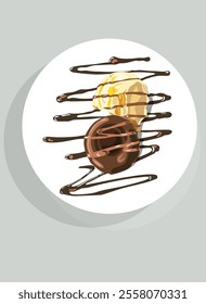 Chocolate brown fondant and vanilla yellow ice cream on a white plate, vector illustration, with chocolate and caramel sauce