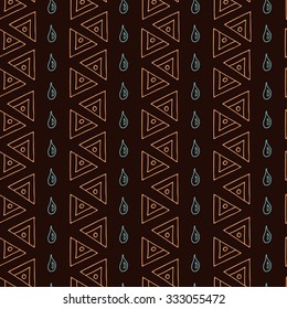 Chocolate brown geometric seamless pattern with drops. Decorative ethnic ornamental background. Vector hand-drawn pattern. Can be used for textile design, packaging, wallpaper, web page background.