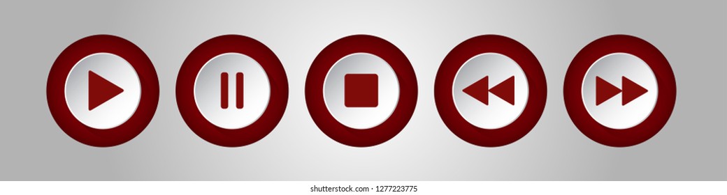 chocolate brown, white round music control buttons set - five icons with shadows in front of a silver background
