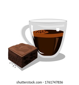 Chocolate brownie cake with hot coffee in a red cup lined Isolated on white.Can be used for logo, icon, restaurant menu, packaging, and graphic.home making coffee.