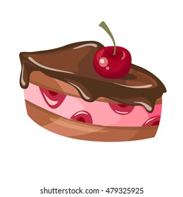 Chocolate brownie Cake sweet dessert with red cherry. Colorful vector illustration isolated on white background.