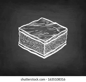 Chocolate brownie. Chalk sketch on blackboard background. Hand drawn vector illustration. Retro style.