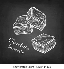 Chocolate brownie. Chalk sketch on blackboard background. Hand drawn vector illustration. Retro style.