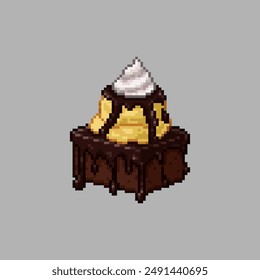 Chocolate brownie with ice cream and whipped cream, pixel art food