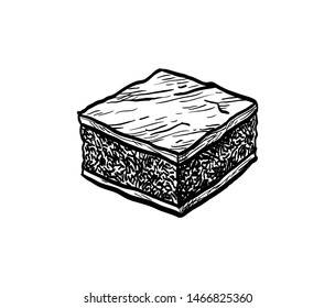 Chocolate brownie. Ink sketch isolated on white background. Hand drawn vector illustration. Retro style.