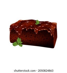 Chocolate brownie with melting sauce and green mint leaves. Cacao glazed sponge cake isolated on white background. Confectionery vector illustration for coffeehouse or bakery.
