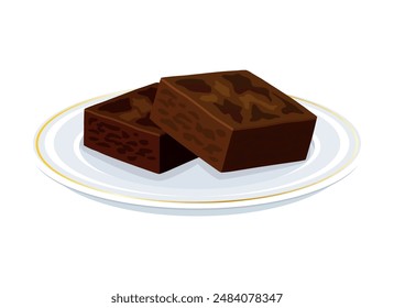 Brownie de chocolate en una Ilustración vectorial de platos. Torta de brownies en un Vector de placa aislado sobre un fondo blanco. Dibujo de pastelería cuadrada de chocolate. Plantilla de fondo, Anuncio, tarjeta