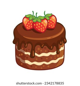 Marrón de chocolate con fresas sobre fondo blanco. Ilustración vectorial con postre al estilo de las caricaturas.
