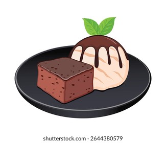 brownie de chocolate com sorvete de baunilha isolado no fundo branco.