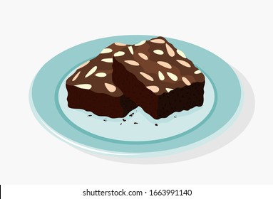  chocolate brownies isolated on white background. two brownie cake pieces as homemade dessert food illustration.