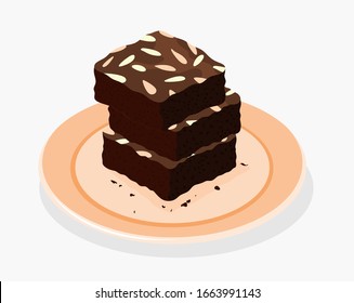  chocolate brownies isolated on white background. two brownie cake pieces as homemade dessert food illustration.