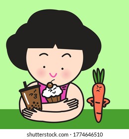 A Chocolate Bubble Milk Tea And A Cup Cake Make A Taunting Face To A Grumpy Carrot. Girl Choosing Sweet Treats Rather Than Healthy Veggies Concept Card Character illustration