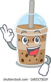 Chocolate bubble tea cartoon character design style making an Okay gesture