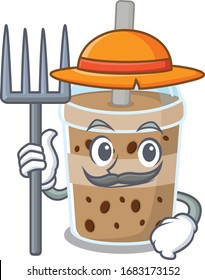 Chocolate bubble tea in Farmer cartoon character with hat and pitchfork