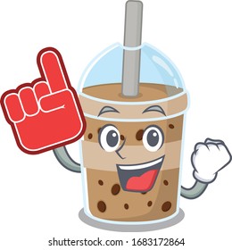 chocolate bubble tea mascot cartoon style with Foam finger