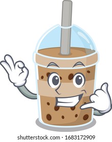 chocolate bubble tea mascot cartoon design showing Call me gesture